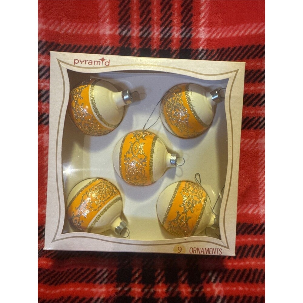 5 Vintage Pyramid Glitter Glass Ball Christmas Tree Ornaments Yellow White